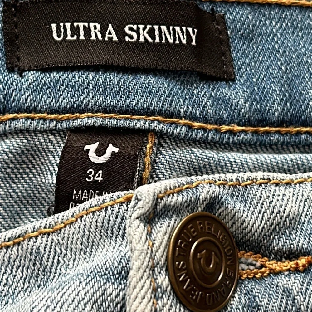NWOT True Religion Men's 34 Matt Ultra Skinny Moto Distressed‎ Light Wash Jeans